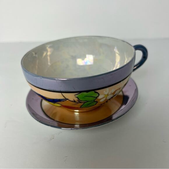 Vintage Lavender & Peach Iridescent Hand Painted Teacup & 2 saucers Japanese - Picture 8 of 15